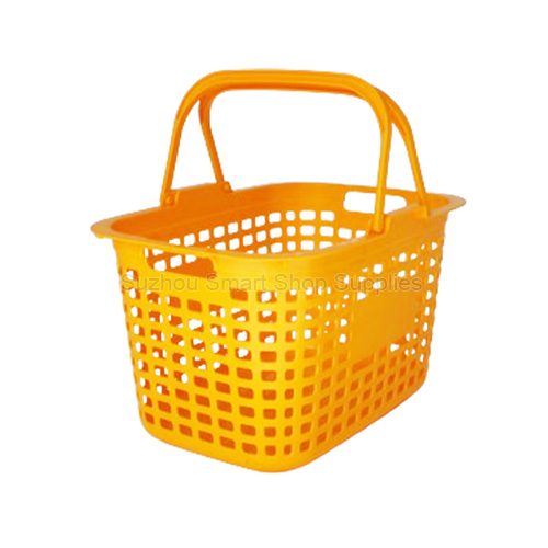 Premium 15L compact solid flat bottom retail shopping basket SMT-HB16 by Suzhou Smart Shop Supplies in vibrant orange featuring dual handles and branding panels