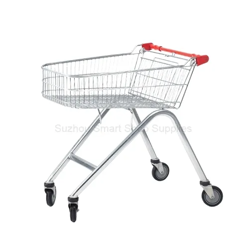 Angled view of the ergonomic SMT-SC-E70L 70L Australian style high-leg shopping cart featuring a distinct open-base tubular chassis, bright silver finish, and vibrant red plastic accents by Suzhou Smart