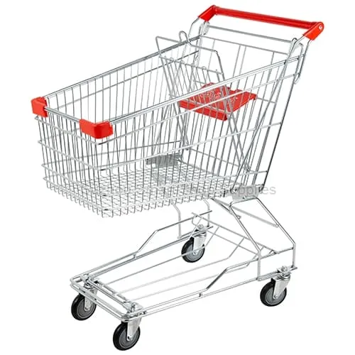Angled view of the versatile SMT-SC-B100L 100L Asian style wire shopping cart featuring a bottom storage tray, bright zinc finish, red corner bumpers, and a folding child seat by Suzhou Smart Shop