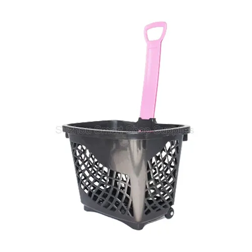 Premium 45L contoured rolling shopping basket SMT-RB24 by Suzhou Smart Shop Supplies in sleek black featuring an ergonomic pink single telescopic pull handle