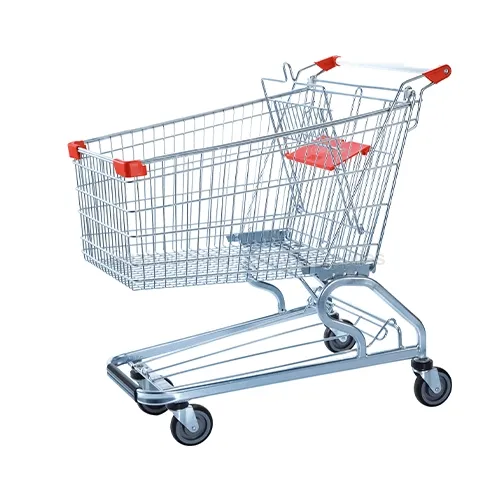 Angled view of the colossal-capacity SMT-SC-D180L 180L American style oval tube shopping cart featuring a premium oval tubular steel base with front bumper protection, bottom tray, bright silver finis