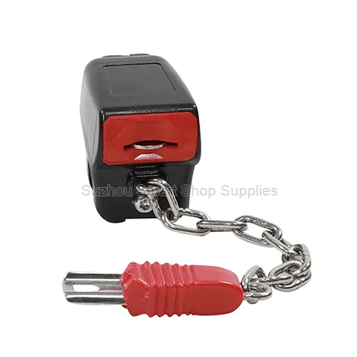 SMT-SC-CL07 compact black and red PC plastic shopping cart coin lock featuring a metal chain and insertion plug by Suzhou Smart Shop Supplies