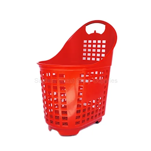 Heavy duty 80L high back rolling shopping basket SMT-RB34 by Suzhou Smart Shop Supplies in vibrant red featuring an unbreakable one piece integrated handle