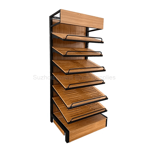 Commercial 7-Tier Slatted Wood Bakery Display Rack with Steel Frame - Angled View