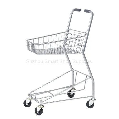 Angled view of the compact SMT-SC-J002 Z-frame shopping basket cart featuring an integrated top wire basket, a lower hand basket rack, and modern dual ergonomic grips by Suzhou Smart Shop Supplies