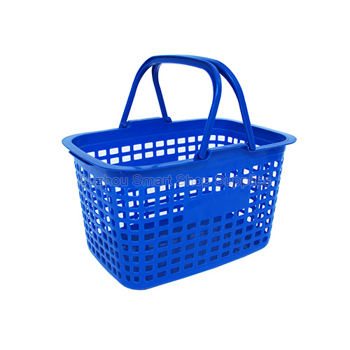 Premium 25L square grid solid flat bottom retail shopping basket SMT-HB18 by Suzhou Smart Shop Supplies in vibrant blue featuring dual handles and custom branding panels