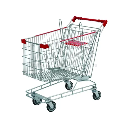 Angled view of the heavy-duty SMT-SC-E160L 160L Australian style shopping cart featuring a 1010mm long frame, an open flat tubular base, a bright silver finish, and vibrant red wrap-around edge protecto