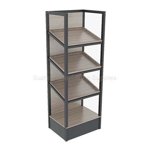Commercial 4-Tier Slanted Bakery Display Rack SMT-BD04 with light wood shelves and black metal frame