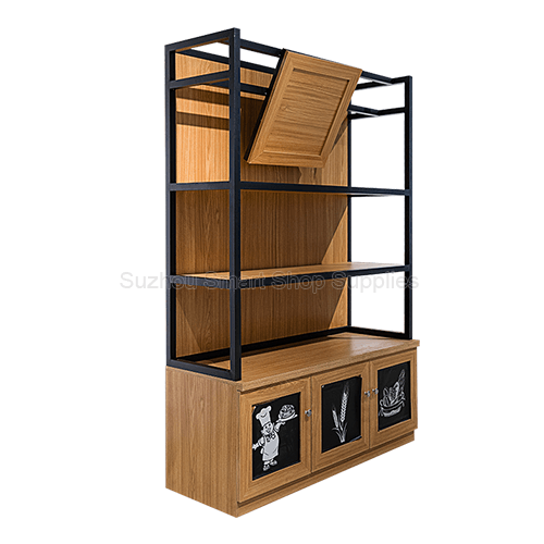 Commercial Artisan Bakery Display Rack SMT-BD02 with flat wood shelves and angled top board