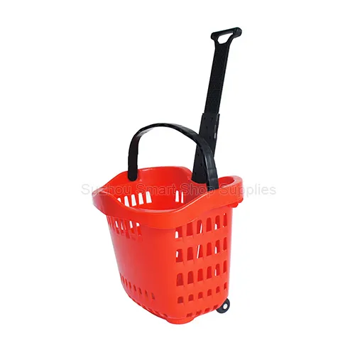 Premium 50L apple-shaped rolling shopping basket SMT-RB25 by Suzhou Smart Shop Supplies in vibrant red featuring an ergonomic centralized single telescopic pull handle