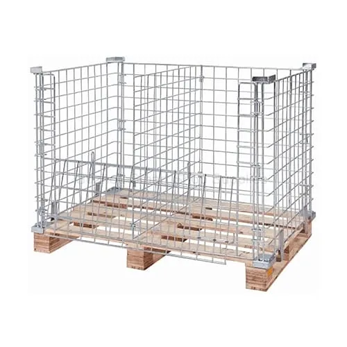 SMT-SC03 galvanized folding wire pallet cage mounted on a wooden pallet, featuring a half-drop gate and internal mesh divider by Suzhou Smart Shop Supplies
