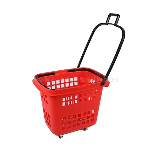 Premium 80L jumbo four-wheel rolling shopping basket SMT-RB39 by Suzhou Smart Shop Supplies in vibrant red featuring a heavy-duty folding black pull handle