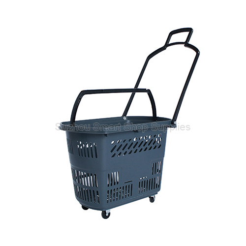 Large capacity 35L rolling shopping basket SMT-RB17 by Suzhou Smart Shop Supplies in dark grey featuring retractable handle and durable wheels