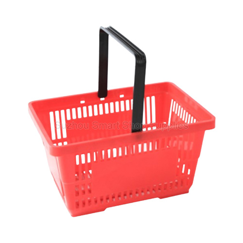 Ergonomic 20L single handle retail shopping basket SMT-HB13 by Suzhou Smart Shop Supplies in vibrant blue featuring a central drop-down grip