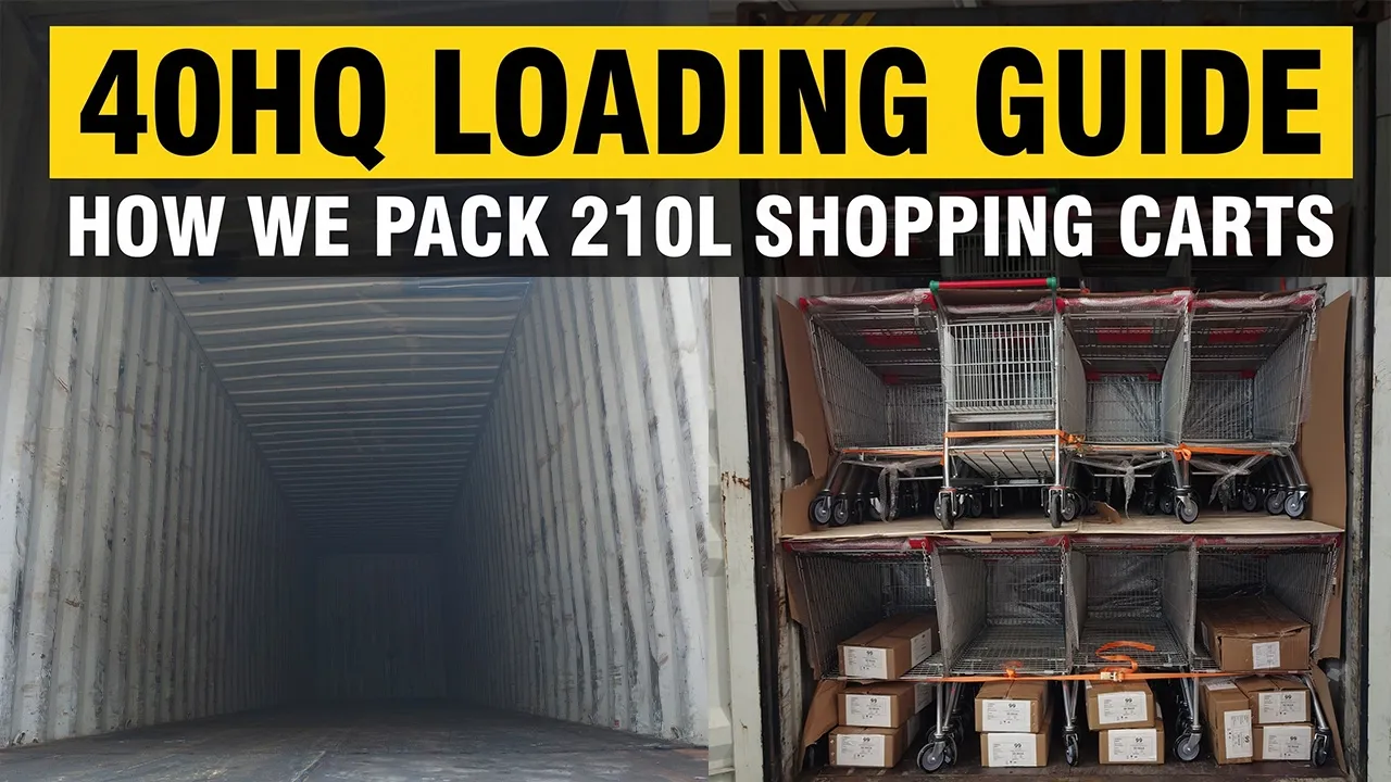 Before and after comparison of a 40HQ shipping container fully loaded with 210L retail shopping carts
