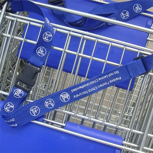 SMT-SC-Seat Belt blue nylon child restraint strap installed on a metal wire supermarket shopping cart baby seat