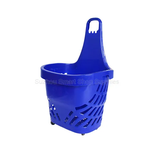 Heavy duty 60L integrated all plastic rolling shopping basket SMT-RB27 by Suzhou Smart Shop Supplies in vibrant blue featuring a one piece molded tall pull handle