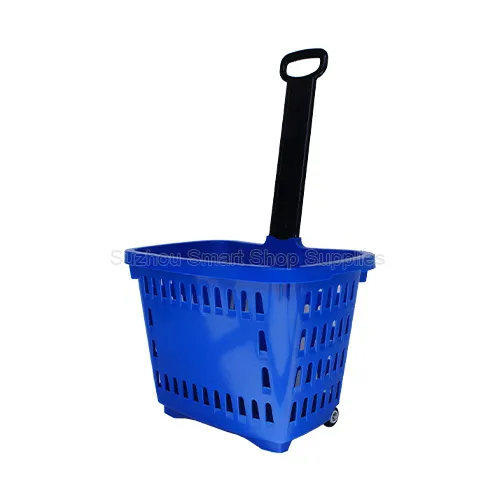 Premium 45L two-wheel rolling shopping basket SMT-RB35 by Suzhou Smart Shop Supplies in vibrant blue featuring a heavy-duty snap-in black handle