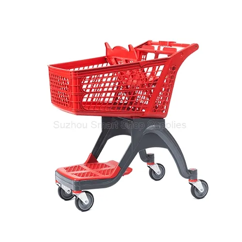 Angled view of the next-gen SMT-SC-WP01 120L all-plastic shopping cart featuring a vibrant red basket, a matching red molded bottom tray, and a dark grey polymer chassis by Suzhou Smart Shop Supplies