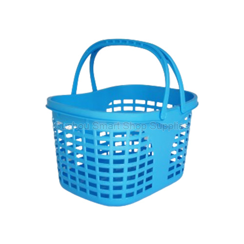 Premium 25L solid flat bottom retail shopping basket SMT-HB15 by Suzhou Smart Shop Supplies in bright blue featuring wide dual handles and large branding panels