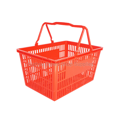 High-capacity 25L heavy-duty plastic shopping basket SMT-HB02 by Suzhou Smart Shop Supplies in vibrant red featuring reinforced dual handles