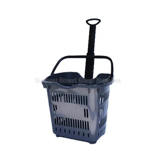 Premium 55L large capacity rolling shopping basket SMT-RB23 by Suzhou Smart Shop Supplies in dark grey featuring an ergonomic single telescopic pull handle and solid flat bottom