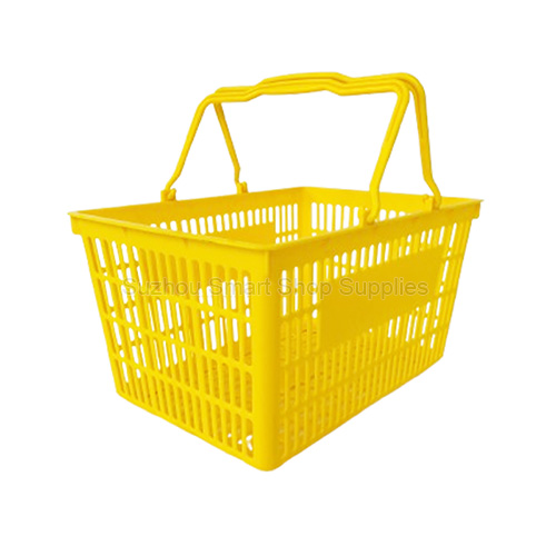High-capacity 25L ventilated plastic shopping basket SMT-HB04 by Suzhou Smart Shop Supplies in vibrant yellow featuring ergonomic dual handles
