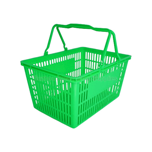 Retail-ready 18L ergonomic plastic shopping basket SMT-HB01 by Suzhou Smart Shop Supplies in vibrant green featuring dual drop-down handles