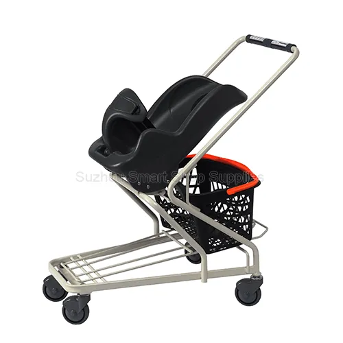 SMT-SC-K007 powder-coated baby carrier shopping cart featuring an infant seat, basket rack, and 4-inch PR casters by Suzhou Smart Shop Supplies