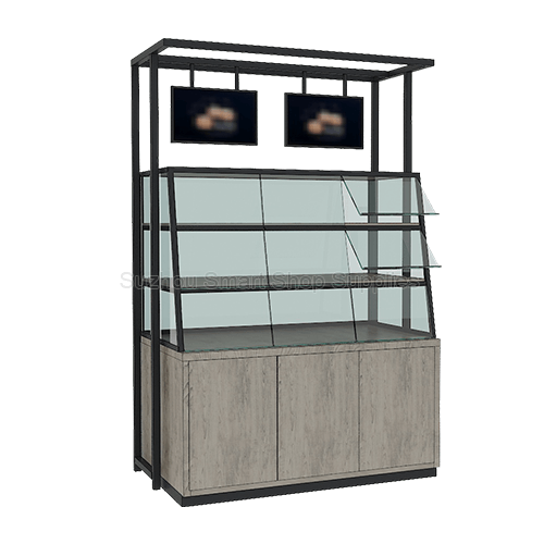 Commercial high-capacity bakery cabinet SMT-BD05-5 featuring segmented lift-up doors, overhead signage boards, and grey wood storage base