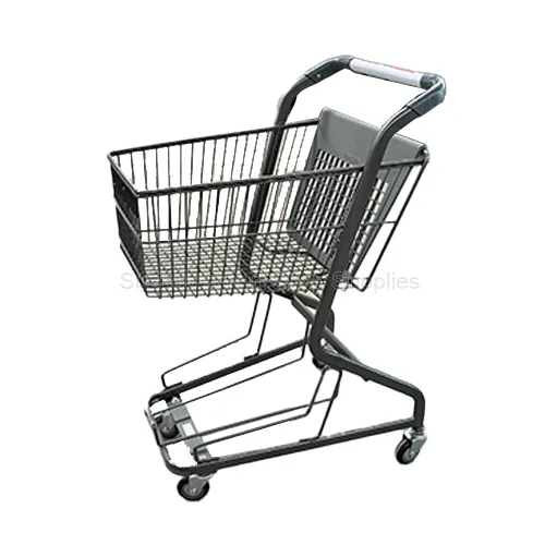 SMT-SC-J024 compact dark grey Z-frame shopping cart featuring a top wire basket and lower storage tray by Suzhou Smart Shop Supplies