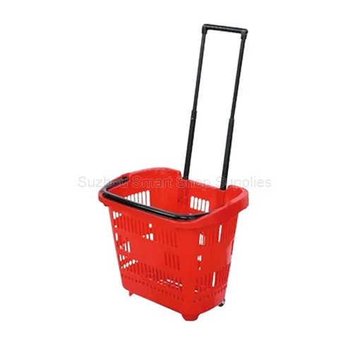 Premium 45L compact rolling shopping basket SMT-RB22 by Suzhou Smart Shop Supplies in vibrant blue featuring high strength dual telescopic pull handles and two durable ground wheels