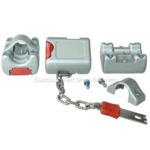 SMT-SC-CL10 heavy-duty zinc alloy handle-mount shopping cart coin lock with red slide-out tray and mounting components by Suzhou Smart Shop Supplies
