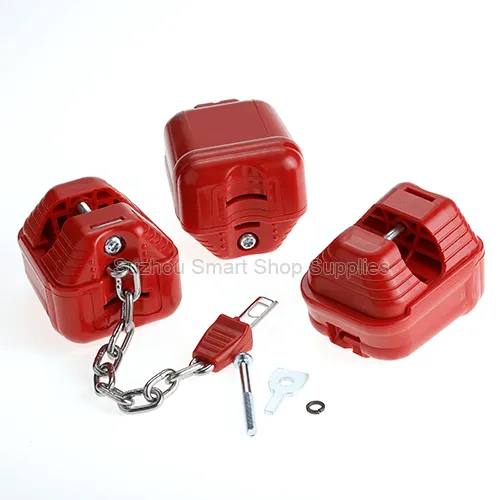 SMT-SC-CL03 red PC plastic shopping cart coin lock featuring a metal chain and mounting hardware by Suzhou Smart Shop Supplies
