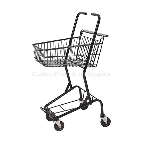 Angled view of the elevated SMT-SC-J004 shopping basket cart featuring a sleek black powder-coated frame, upright ergonomic grips, and an integrated top wire basket by Suzhou Smart Shop Supplies