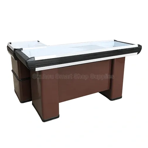SMT-CC10 classic pedestal L-shaped commercial checkout counter featuring a glossy mocha brown base, thick protective bumpers, and a stainless steel top by Suzhou Smart Shop Supplies