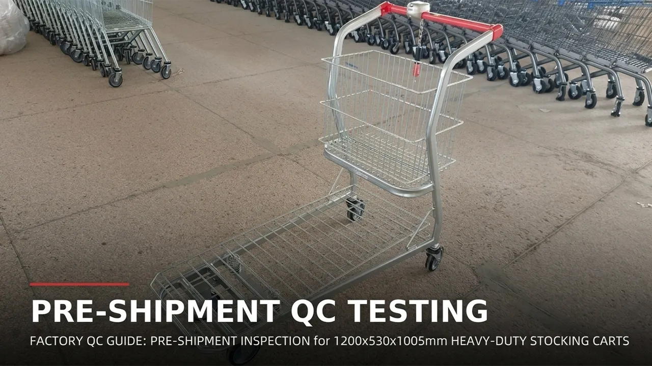 QC inspection of a 1200x530x1005mm heavy-duty stocking cart on the factory floor before shipping