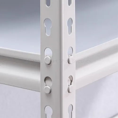 Close-up of SMT-ASR01 external gourd-hole post and rivet beam interlocking joint mechanism on a white steel rack