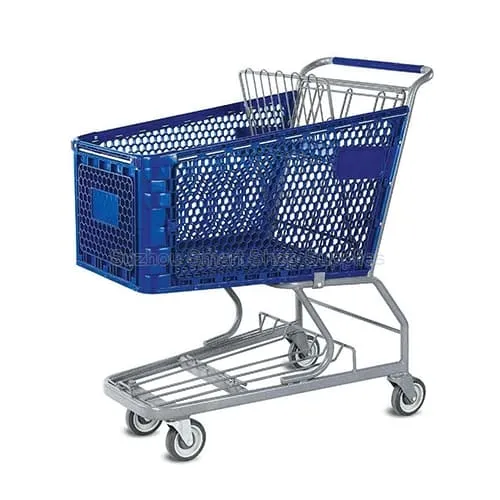 Angled view of the advanced SMT-SC-HP006 100L semi-plastic shopping cart featuring a navy blue polymer basket, a dual-tube steel chassis combining oval and round tubing, and a folding child seat by S