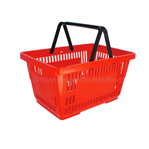 Ergonomic 20L heavy-duty retail shopping basket SMT-HB05 by Suzhou Smart Shop Supplies in vibrant red featuring contrasting black drop-down handles