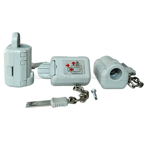 SMT-SC-CL12 light grey PC plastic shopping cart coin lock featuring an innovative slide-out tray mechanism and metal chain by Suzhou Smart Shop Supplies