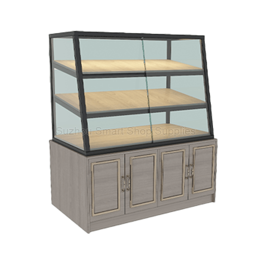 Commercial sliding door bakery display cabinet SMT-BD05-2 with 3-tier clear glass enclosure and elegant 4-door storage base