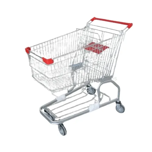 Angled view of the extra-large SMT-SC-D150L 150L American style oval tube shopping cart featuring a premium oval tubular steel base, bottom tray, bright silver finish, and vibrant red plastic accents