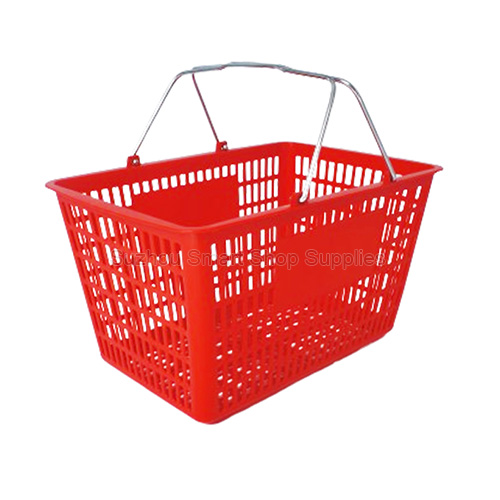 Premium 28L heavy-duty retail shopping basket SMT-HB07 by Suzhou Smart Shop Supplies in vibrant red featuring durable chrome metal handles