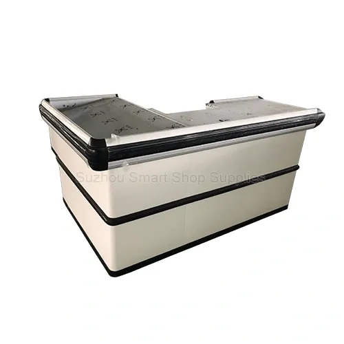 SMT-CC04 compact integrated L-shaped white retail shop checkout counter with stainless steel top and dual-band black protective bumpers by Suzhou Smart Shop Supplies
