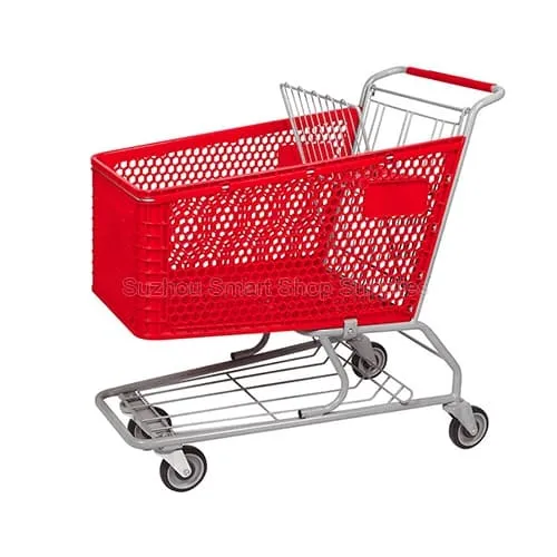 Angled view of the classic SMT-SC-HP005 semi-plastic shopping cart featuring a bright red honeycomb plastic basket, a durable round-tubular steel frame with a bottom tray, and a metal rear gate by Suzh