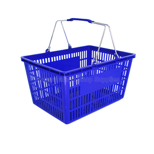Ergonomic 25L heavy-duty retail shopping basket SMT-HB08 by Suzhou Smart Shop Supplies in vibrant blue featuring rubber-coated metal handles