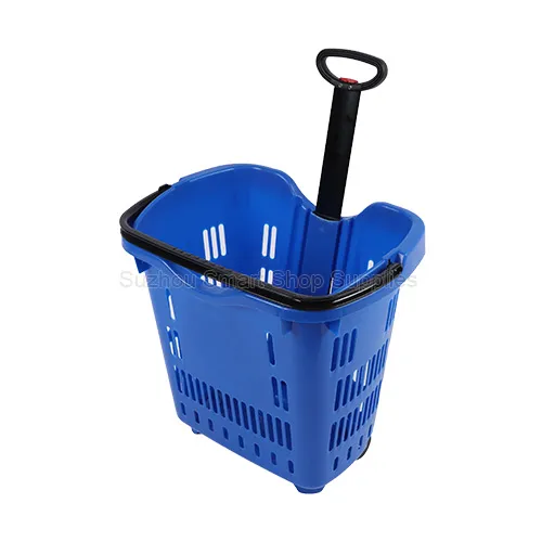 Premium 45L two-wheel rolling shopping basket SMT-RB40 by Suzhou Smart Shop Supplies in vibrant blue featuring a centralized aluminum telescopic pull handle