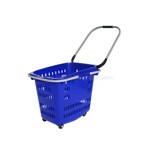 Premium 45L four-wheel rolling shopping basket SMT-RB30 by Suzhou Smart Shop Supplies in vibrant blue featuring a rigid aluminum telescopic pull handle