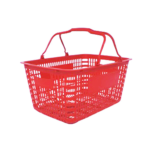 Lightweight 30L mega-capacity plastic shopping basket SMT-HB10 by Suzhou Smart Shop Supplies in vibrant red featuring all-plastic drop-down handles